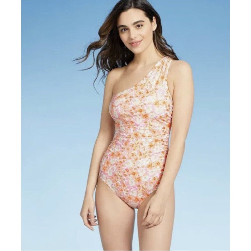 Kona Sol Women's One Shoulder High Coverage Floral One Piece Swim Suit Small